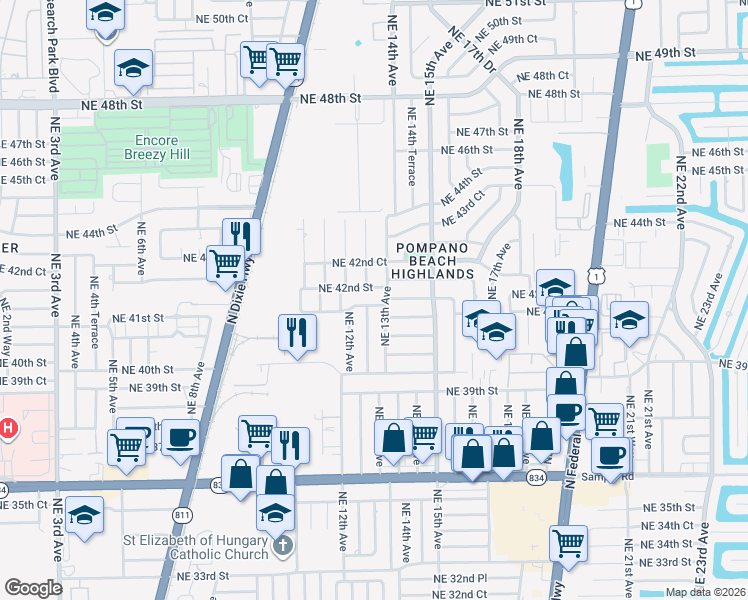 map of restaurants, bars, coffee shops, grocery stores, and more near 4130 Northeast 12th Terrace in Pompano Beach