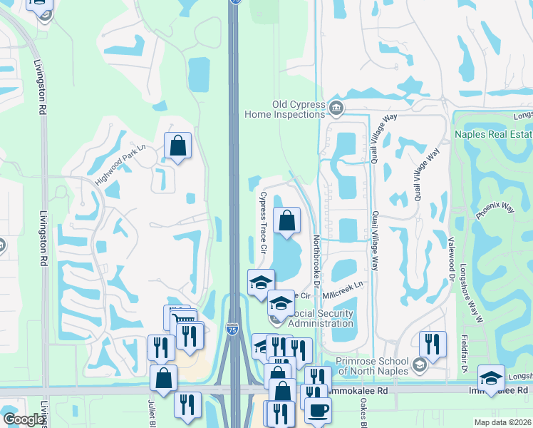 map of restaurants, bars, coffee shops, grocery stores, and more near 2895 Cypress Trace Circle in Naples