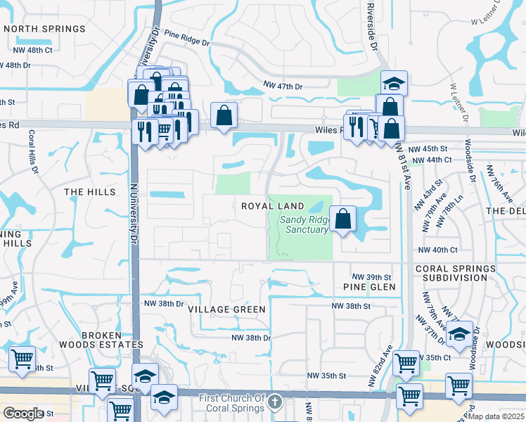 map of restaurants, bars, coffee shops, grocery stores, and more near 4116 Northwest 88th Avenue in Coral Springs