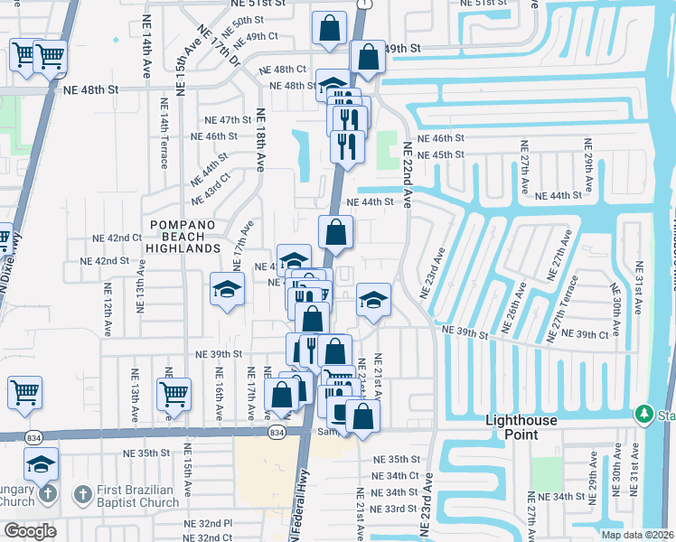 map of restaurants, bars, coffee shops, grocery stores, and more near 4210 Florida 5 in Lighthouse Point