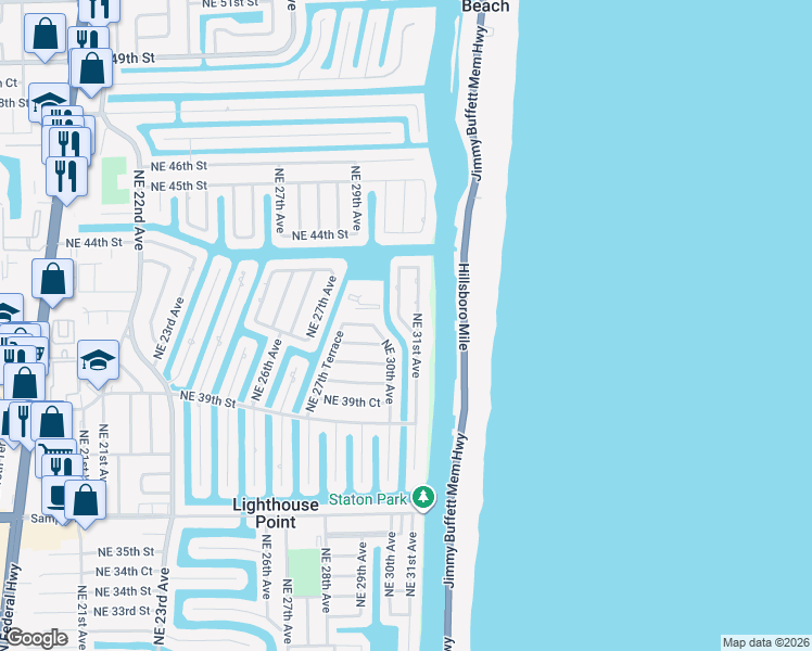 map of restaurants, bars, coffee shops, grocery stores, and more near 4160 Northeast 30th Terrace in Lighthouse Point