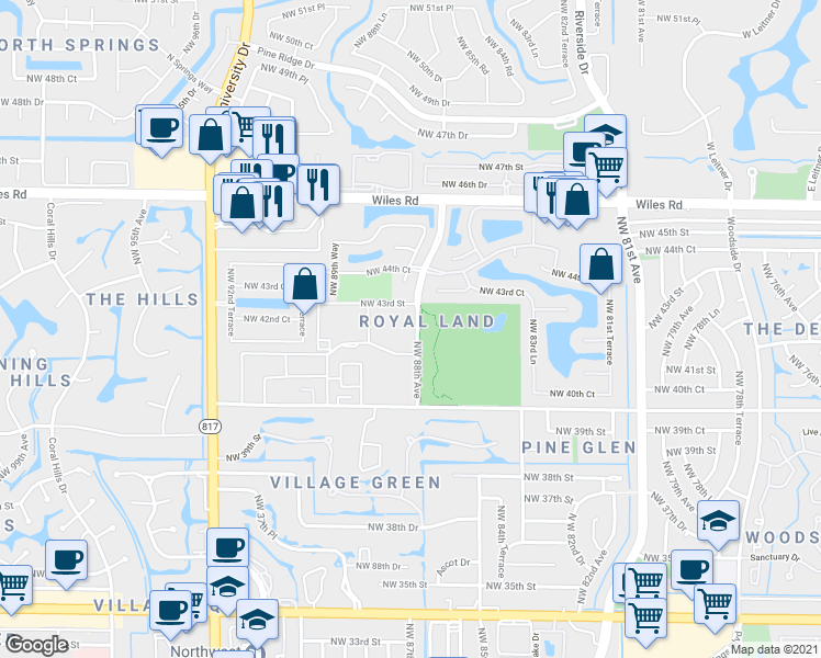map of restaurants, bars, coffee shops, grocery stores, and more near 4116 Northwest 88th Avenue in Coral Springs