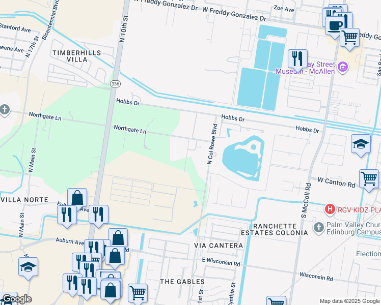 map of restaurants, bars, coffee shops, grocery stores, and more near 307 Northgate Lane in McAllen