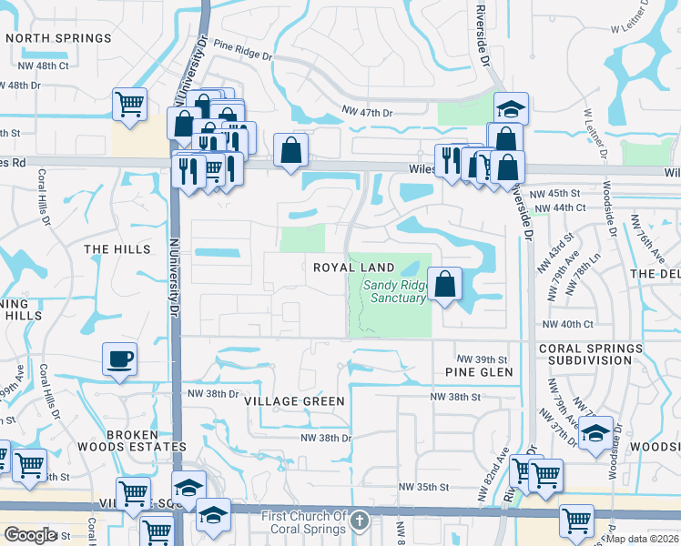 map of restaurants, bars, coffee shops, grocery stores, and more near 4116 Northwest 88th Avenue in Coral Springs