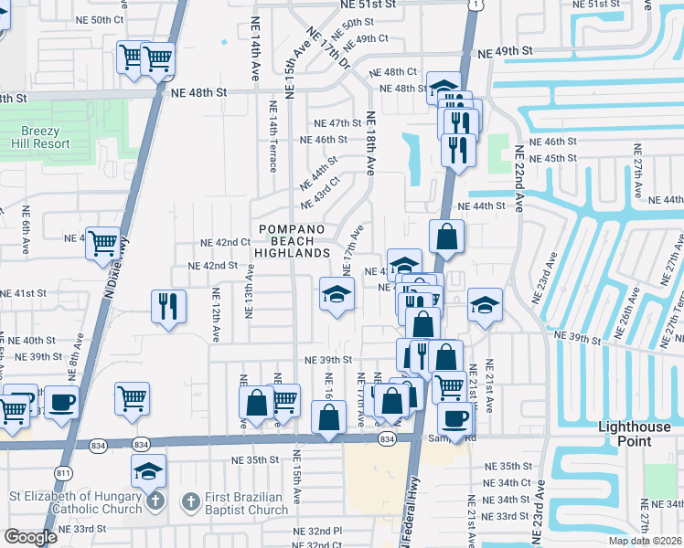 map of restaurants, bars, coffee shops, grocery stores, and more near 1581 Northeast 42nd Street in Pompano Beach