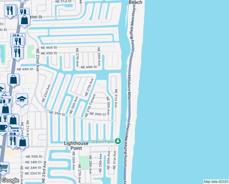 map of restaurants, bars, coffee shops, grocery stores, and more near 4101 Northeast 31st Avenue in Lighthouse Point