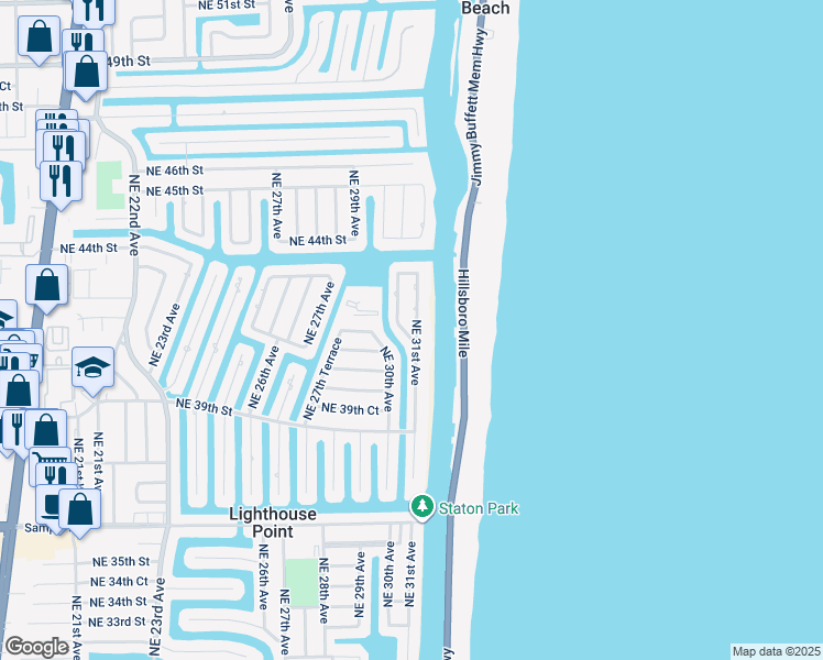 map of restaurants, bars, coffee shops, grocery stores, and more near 4101 Northeast 31st Avenue in Lighthouse Point