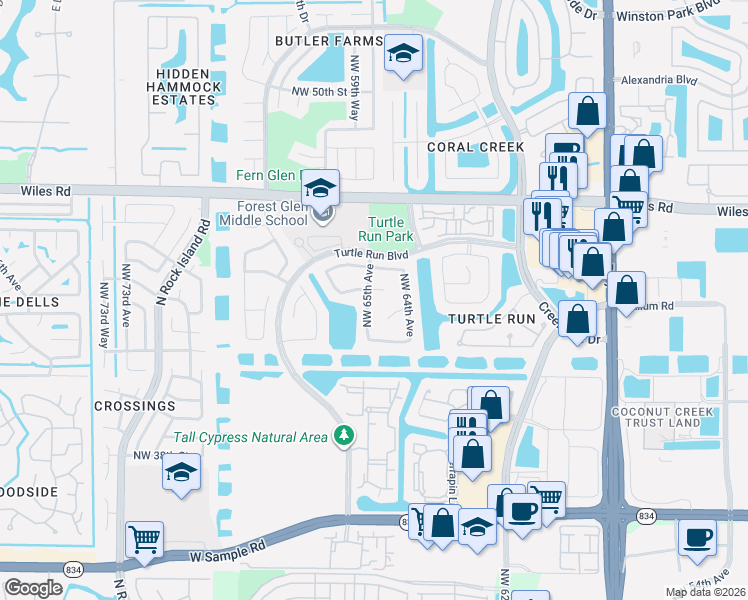 map of restaurants, bars, coffee shops, grocery stores, and more near 4306 Northwest 65th Avenue in Coral Springs