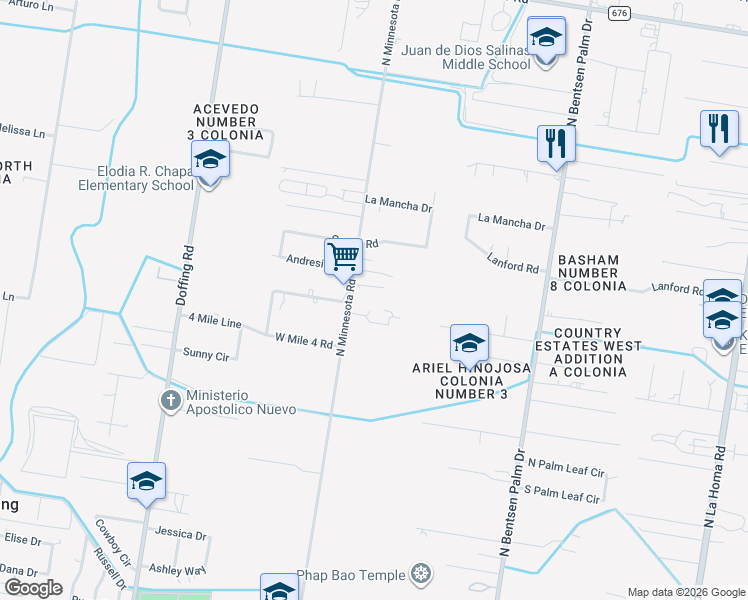 map of restaurants, bars, coffee shops, grocery stores, and more near 5500 North Minnesota Road in Mission