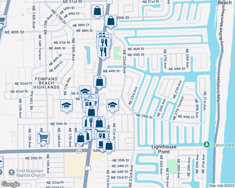 map of restaurants, bars, coffee shops, grocery stores, and more near 2141 Northeast 42nd Street in Lighthouse Point