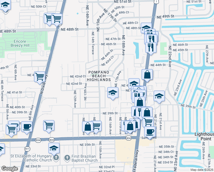 map of restaurants, bars, coffee shops, grocery stores, and more near 1581 Northeast 42nd Street in Pompano Beach