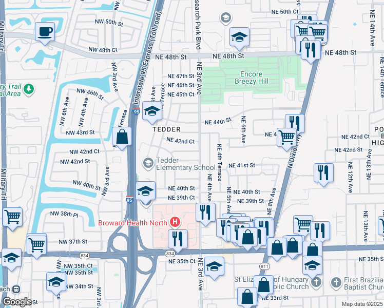 map of restaurants, bars, coffee shops, grocery stores, and more near 284 Northeast 42nd Court in Pompano Beach