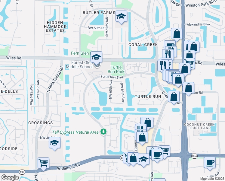 map of restaurants, bars, coffee shops, grocery stores, and more near 4306 Northwest 65th Avenue in Coral Springs