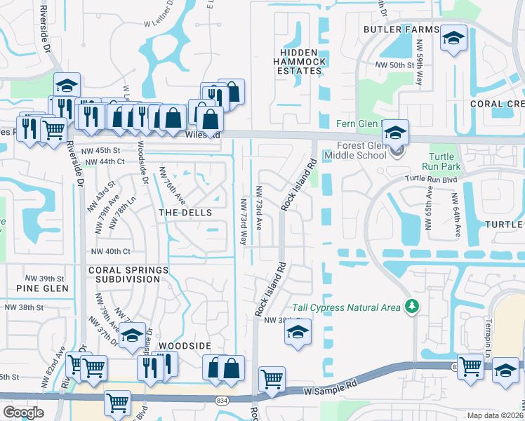map of restaurants, bars, coffee shops, grocery stores, and more near 4116 Northwest 73rd Avenue in Coral Springs