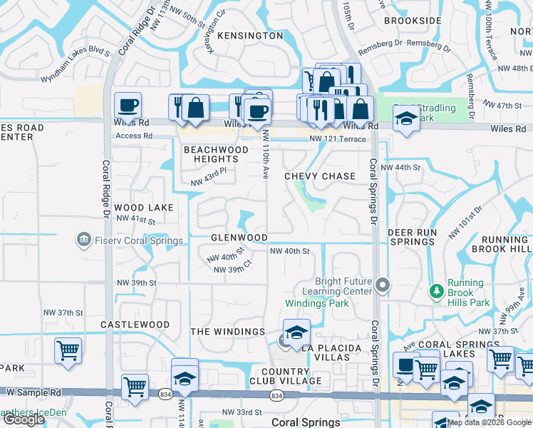 map of restaurants, bars, coffee shops, grocery stores, and more near 4241 Northwest 110th Avenue in Coral Springs