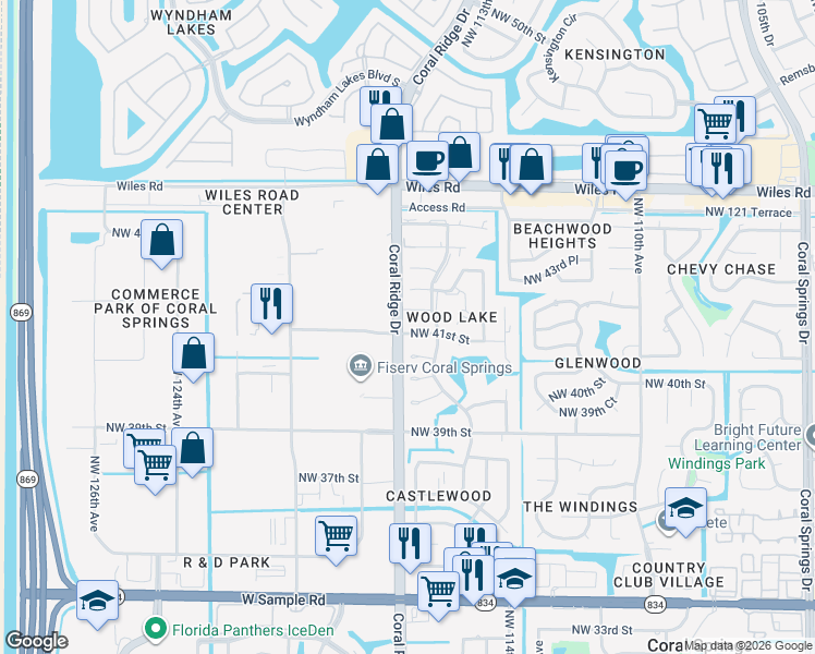 map of restaurants, bars, coffee shops, grocery stores, and more near 11506 Northwest 42nd Street in Coral Springs