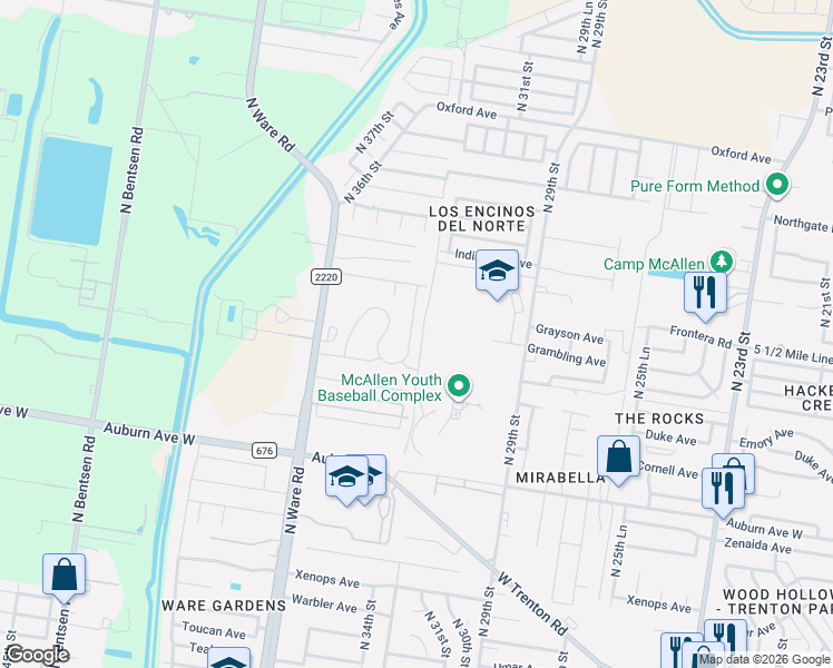 map of restaurants, bars, coffee shops, grocery stores, and more near 8308 North Ware Road in McAllen