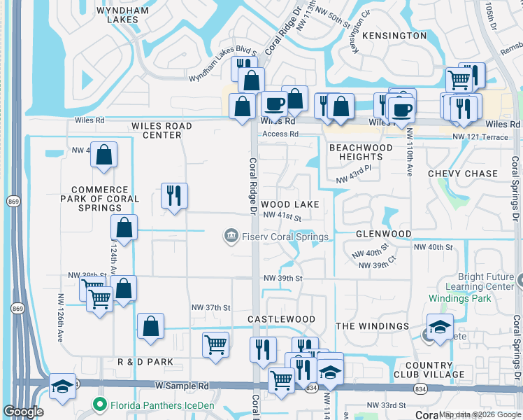 map of restaurants, bars, coffee shops, grocery stores, and more near 11506 Northwest 42nd Street in Coral Springs