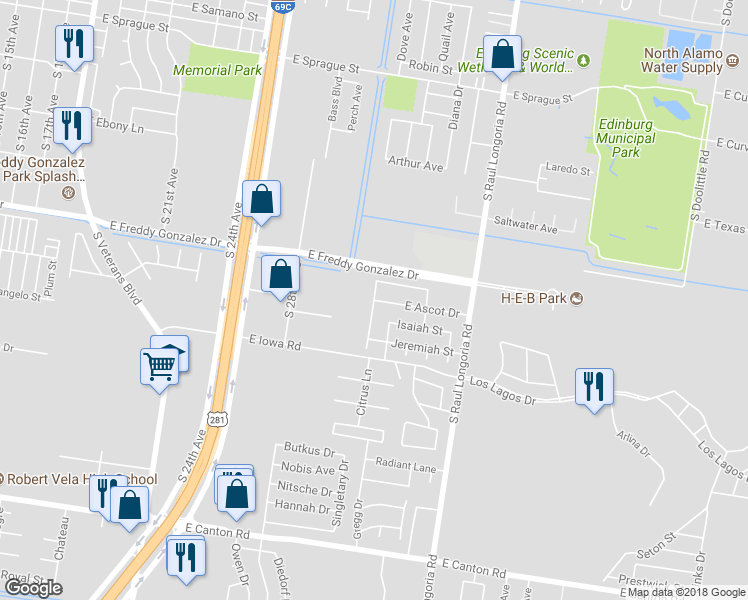 map of restaurants, bars, coffee shops, grocery stores, and more near East Chandler Circle in Edinburg