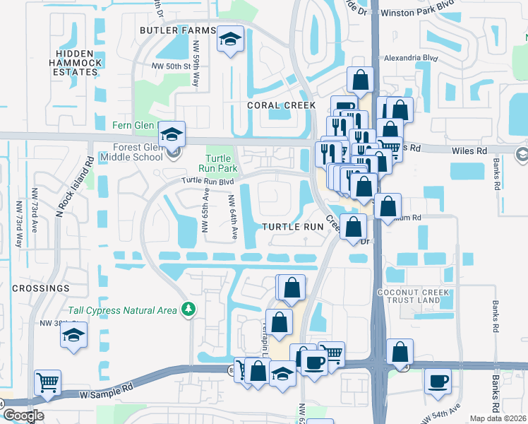 map of restaurants, bars, coffee shops, grocery stores, and more near 4310 Northwest 63rd Avenue in Coral Springs