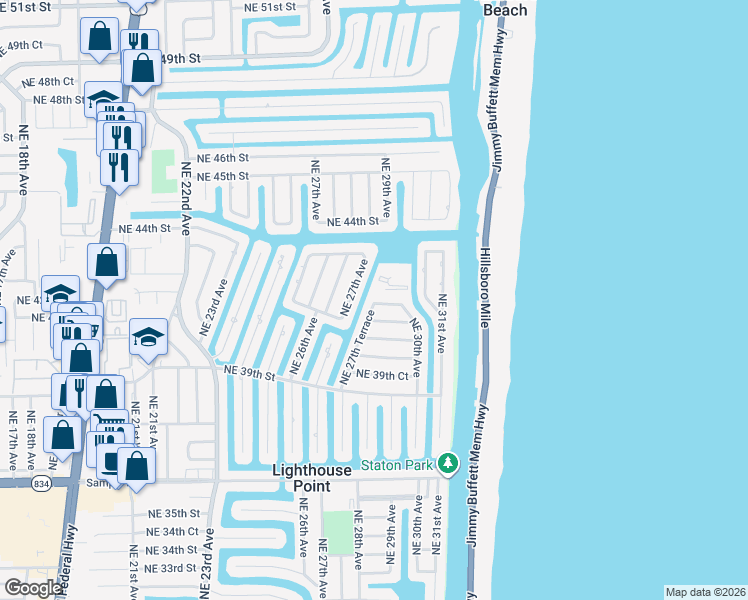 map of restaurants, bars, coffee shops, grocery stores, and more near 2713 Northeast 42nd Street in Lighthouse Point