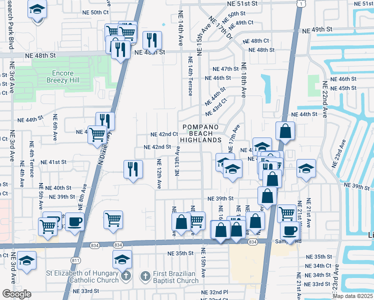 map of restaurants, bars, coffee shops, grocery stores, and more near 1320 Northeast 42nd Street in Pompano Beach
