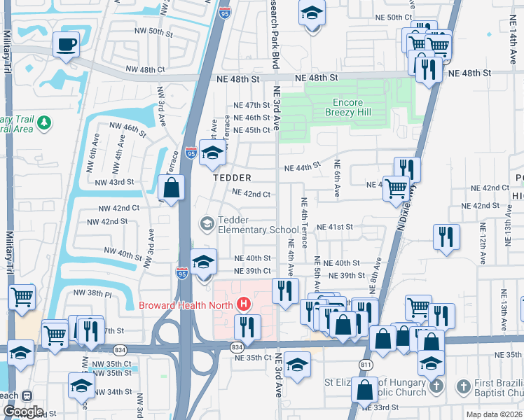 map of restaurants, bars, coffee shops, grocery stores, and more near 248 Northeast 42nd Court in Pompano Beach