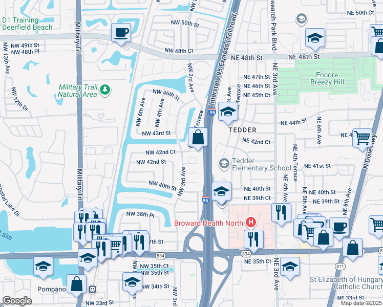 map of restaurants, bars, coffee shops, grocery stores, and more near 4261 Northwest 1st Terrace in Pompano Beach