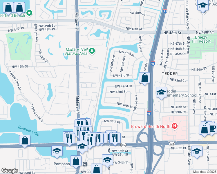 map of restaurants, bars, coffee shops, grocery stores, and more near 651 Northwest 42nd Court in Pompano Beach
