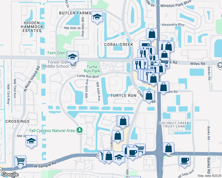 map of restaurants, bars, coffee shops, grocery stores, and more near 4310 Northwest 63rd Avenue in Coral Springs