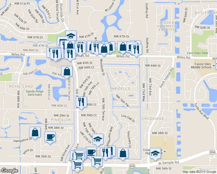 map of restaurants, bars, coffee shops, grocery stores, and more near 4107 Woodside Drive in Coral Springs