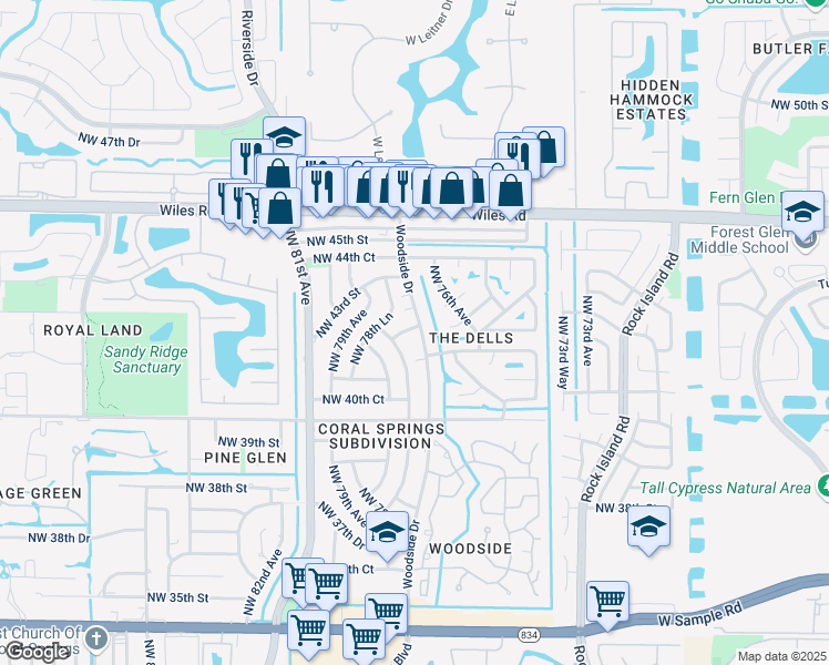 map of restaurants, bars, coffee shops, grocery stores, and more near 4113 Northwest 78th Avenue in Coral Springs