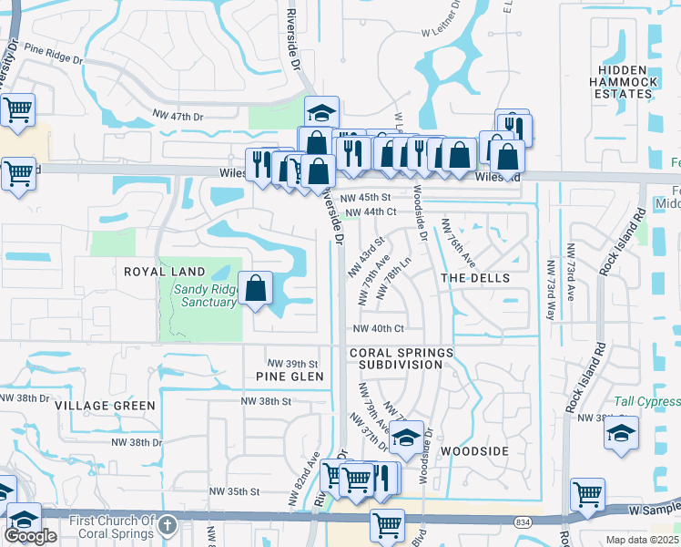map of restaurants, bars, coffee shops, grocery stores, and more near 4241 Riverside Drive in Coral Springs