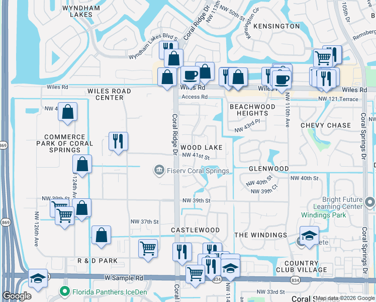 map of restaurants, bars, coffee shops, grocery stores, and more near 11506 Northwest 42nd Street in Coral Springs