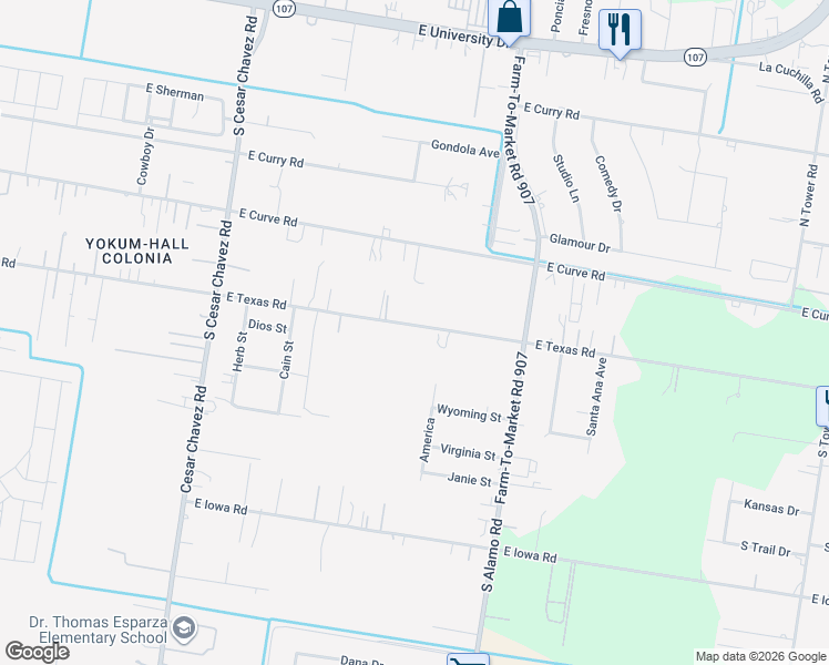 map of restaurants, bars, coffee shops, grocery stores, and more near 4916 East Texas Road in Edinburg