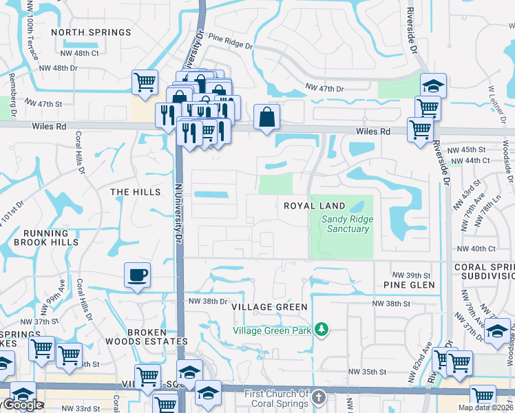 map of restaurants, bars, coffee shops, grocery stores, and more near 5046 Northwest 43rd Street in Coral Springs