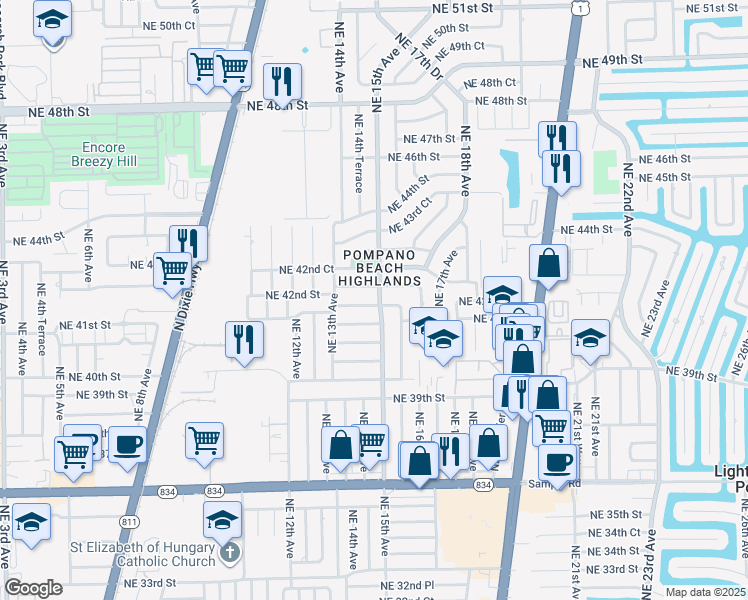 map of restaurants, bars, coffee shops, grocery stores, and more near 1500 Northeast 42nd Street in Pompano Beach