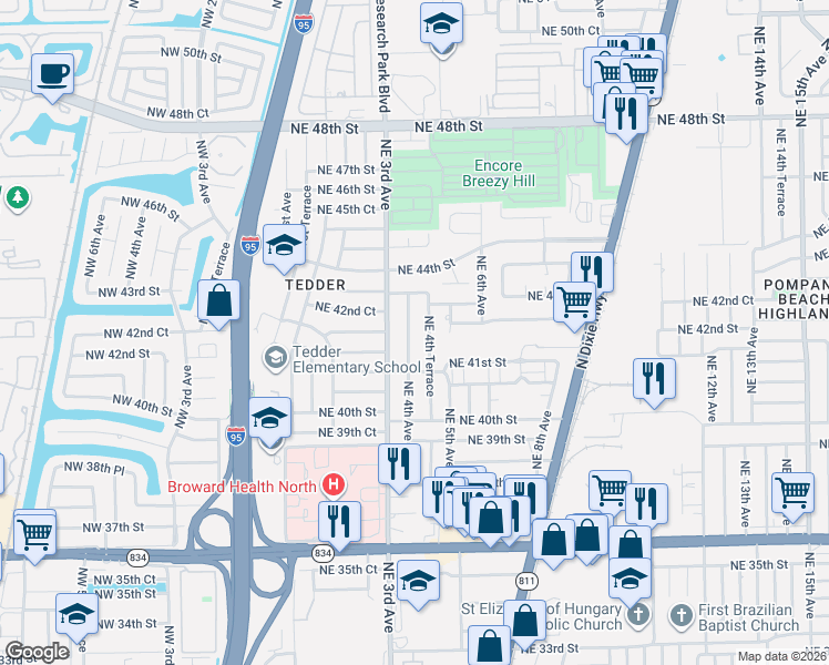 map of restaurants, bars, coffee shops, grocery stores, and more near 4221 Northeast 4th Terrace in Pompano Beach