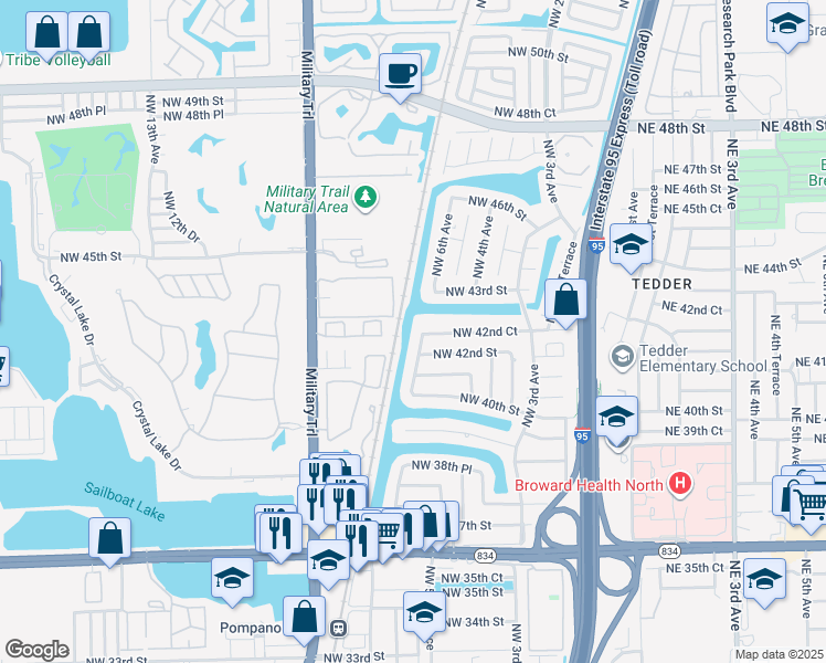map of restaurants, bars, coffee shops, grocery stores, and more near 651 Northwest 42nd Court in Pompano Beach
