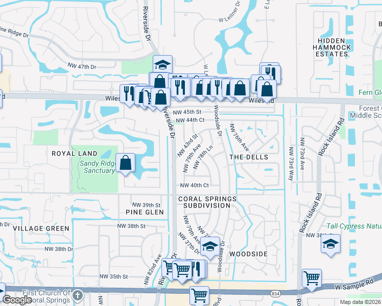 map of restaurants, bars, coffee shops, grocery stores, and more near 4126 Northwest 79th Avenue in Coral Springs