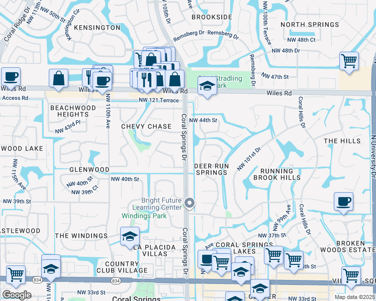 map of restaurants, bars, coffee shops, grocery stores, and more near 4252 Coral Springs Drive in Coral Springs