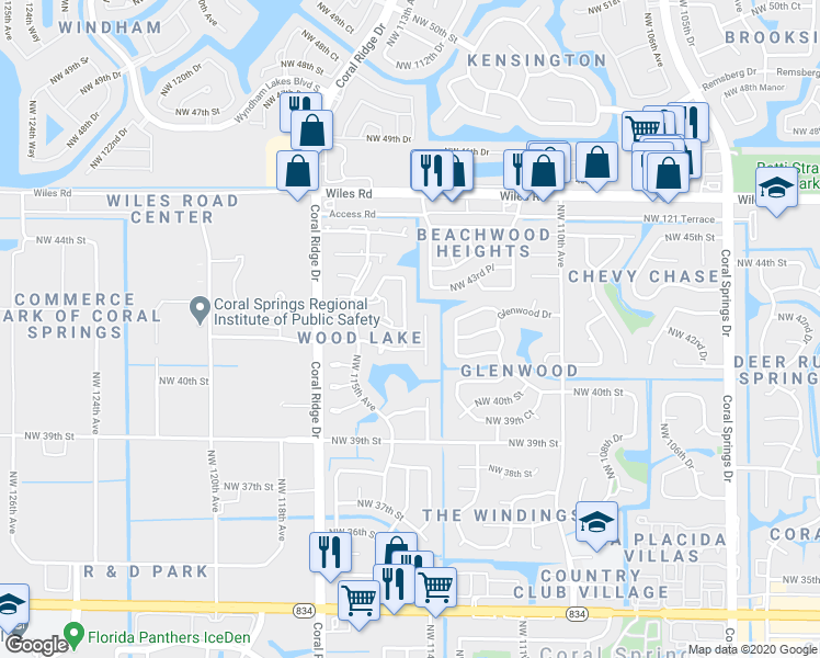 map of restaurants, bars, coffee shops, grocery stores, and more near 4160 Northwest 114th Avenue in Coral Springs