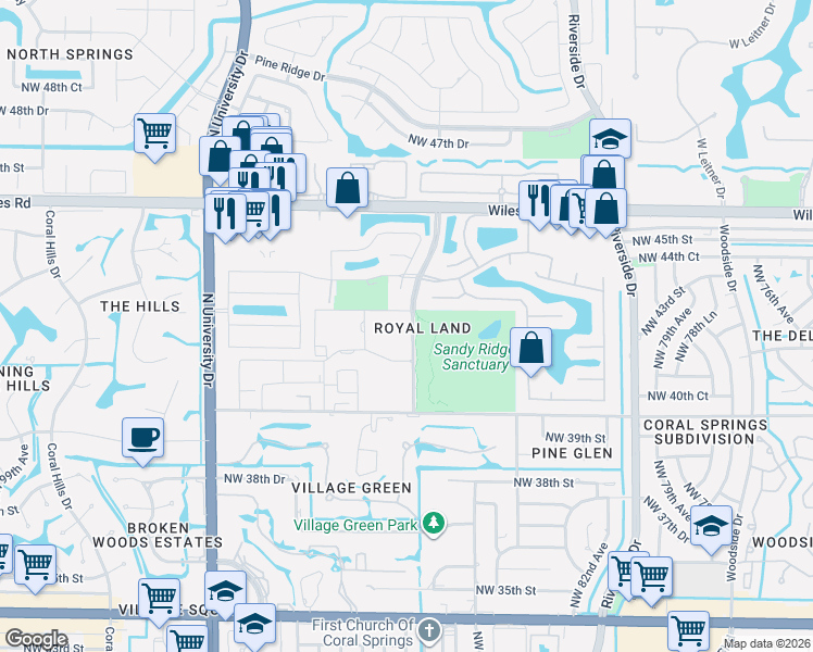 map of restaurants, bars, coffee shops, grocery stores, and more near 4116 Northwest 88th Avenue in Coral Springs