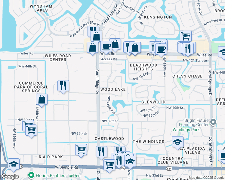 map of restaurants, bars, coffee shops, grocery stores, and more near 11460 Northwest 43rd Street in Coral Springs