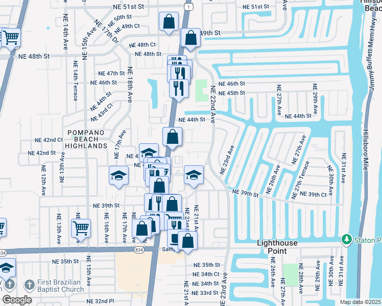 map of restaurants, bars, coffee shops, grocery stores, and more near 2141 Northeast 42nd Street in Lighthouse Point