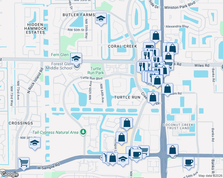 map of restaurants, bars, coffee shops, grocery stores, and more near 4310 Northwest 63rd Avenue in Coral Springs