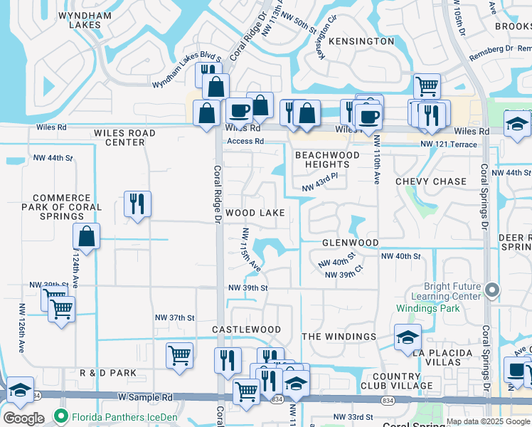 map of restaurants, bars, coffee shops, grocery stores, and more near 11460 Northwest 43rd Street in Coral Springs
