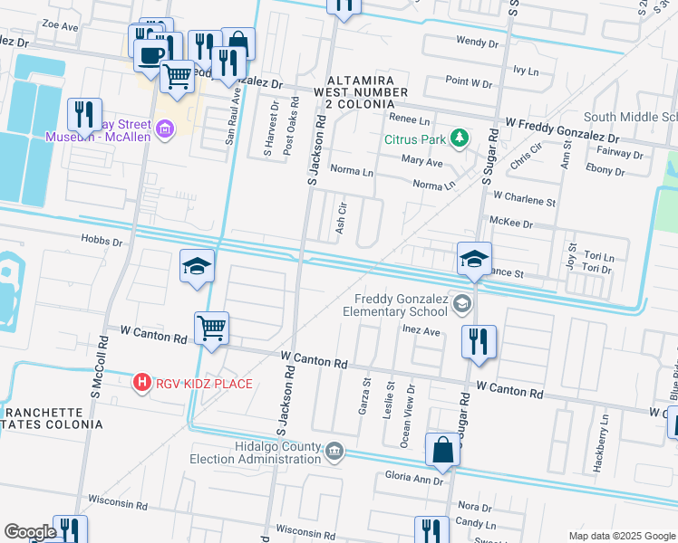 map of restaurants, bars, coffee shops, grocery stores, and more near 1900 Brandi Lane in Edinburg