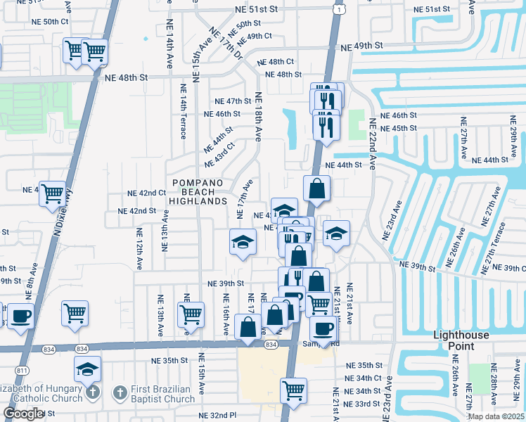 map of restaurants, bars, coffee shops, grocery stores, and more near 1720 Northeast 42nd Court in Pompano Beach