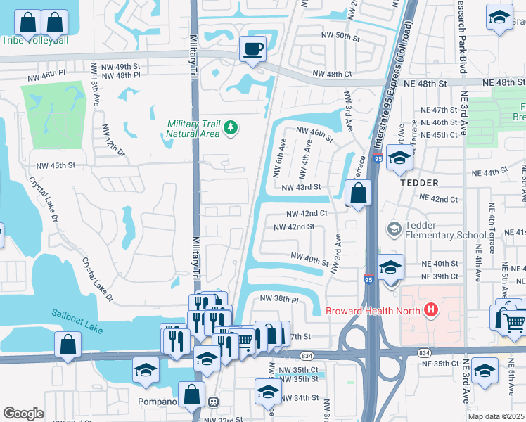 map of restaurants, bars, coffee shops, grocery stores, and more near 651 Northwest 42nd Court in Pompano Beach